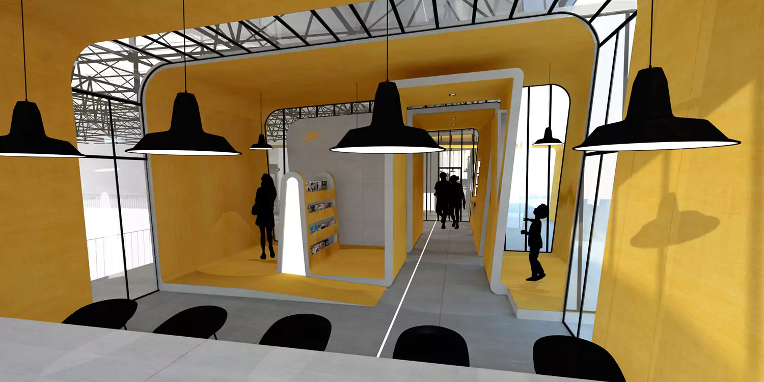 Boutique la Poste avec une architecture intérieur futuriste et sculpturale